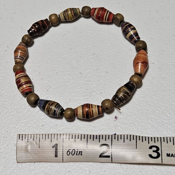 Handmade Recycled Paper Bead Stretch Bracelet Eco Friendly Lightweight Jewelry - Picture 3 of 3